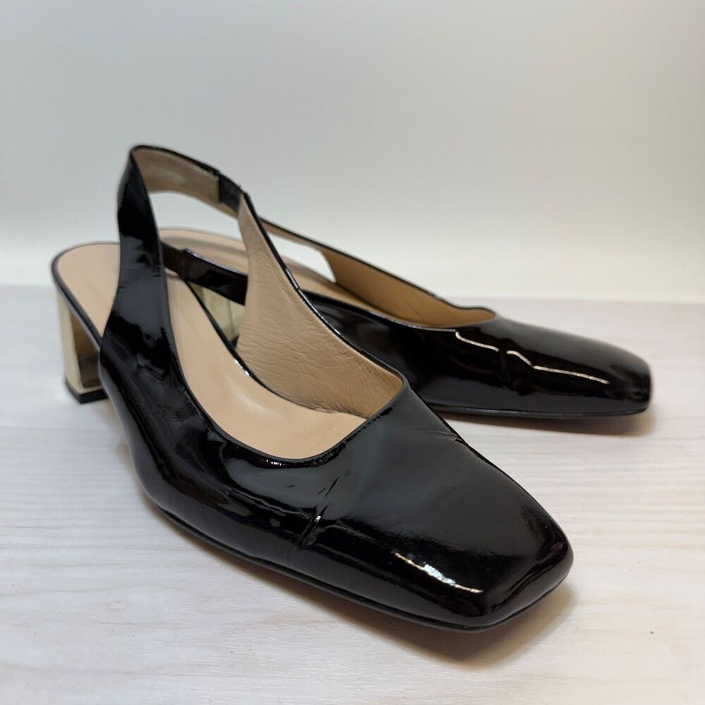 Tuckernuck Sienna slingback shoes black patent leather gold chunky heel Size 10B
